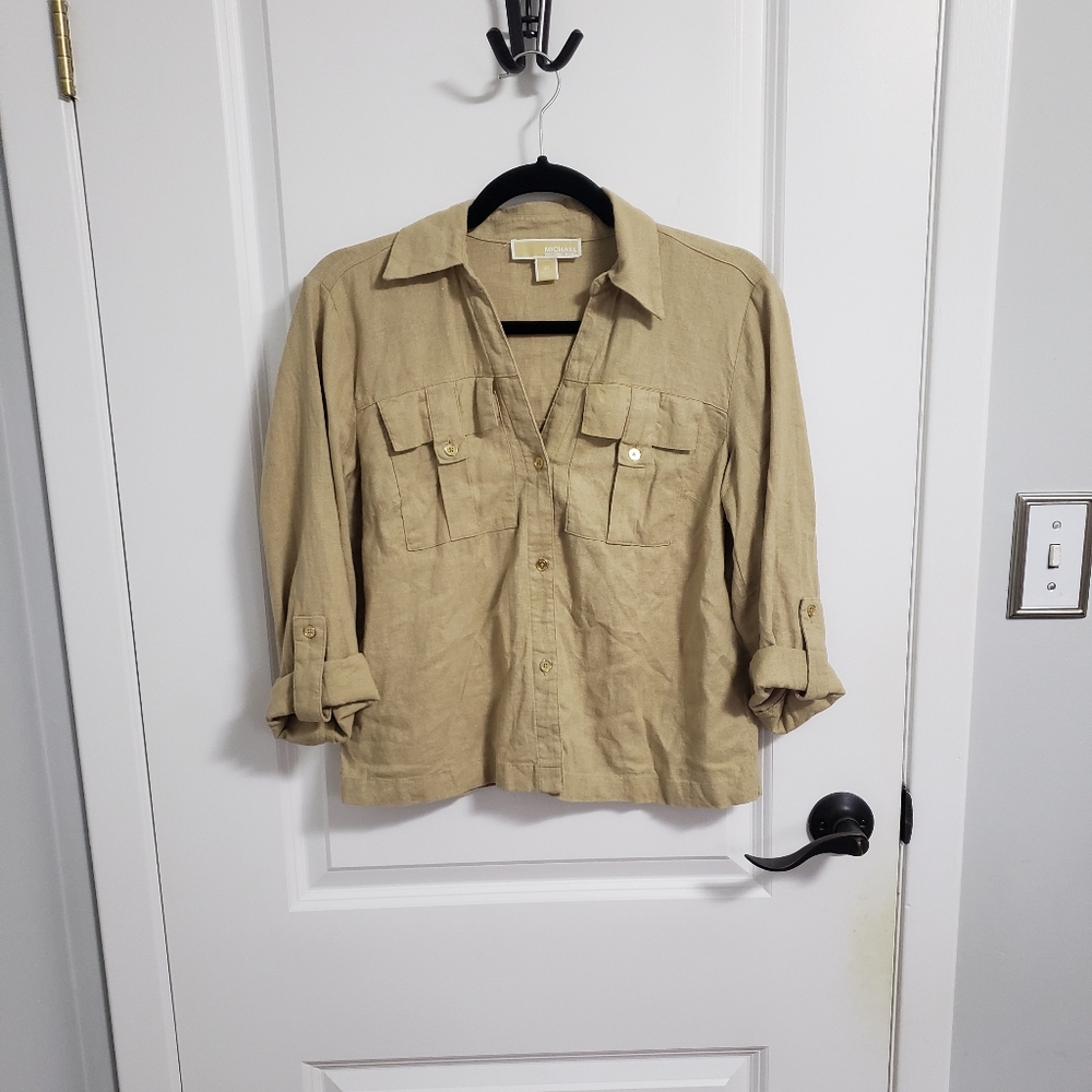 MICHAEL KORS Tan Linen Button-Up Shirt Blouse